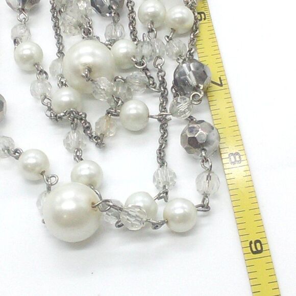 Faux Pearl & Beaded Necklace Multilayer 9-13" Silver Tone Chain - Picture 6 of 8
